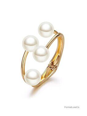 14K Plated Gold Big Pearl Clasp Cuff Bracelet Asymmetric Broadside Ball Bangle